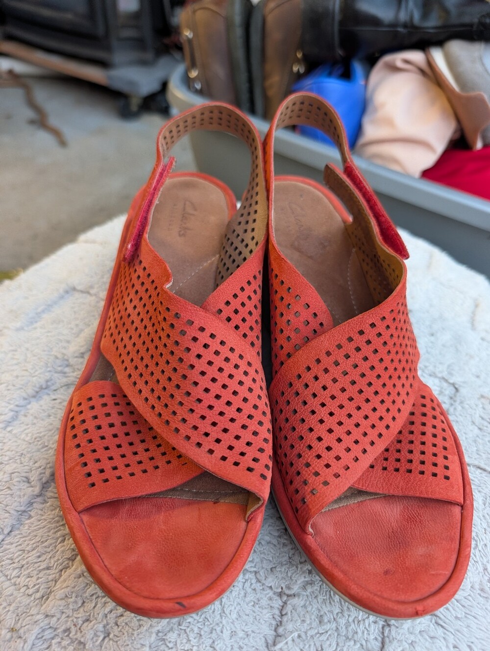 Women's Clarks Orange Leather Wedge Sandals 9M